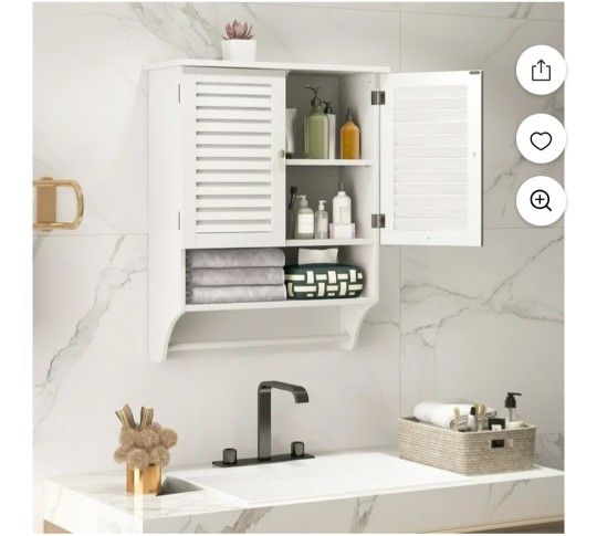 Wall Mounted Bathroom Cabinet w/Bar, Medicine Cabinet w/Double Louvered Doors, Storage Cabinet, White