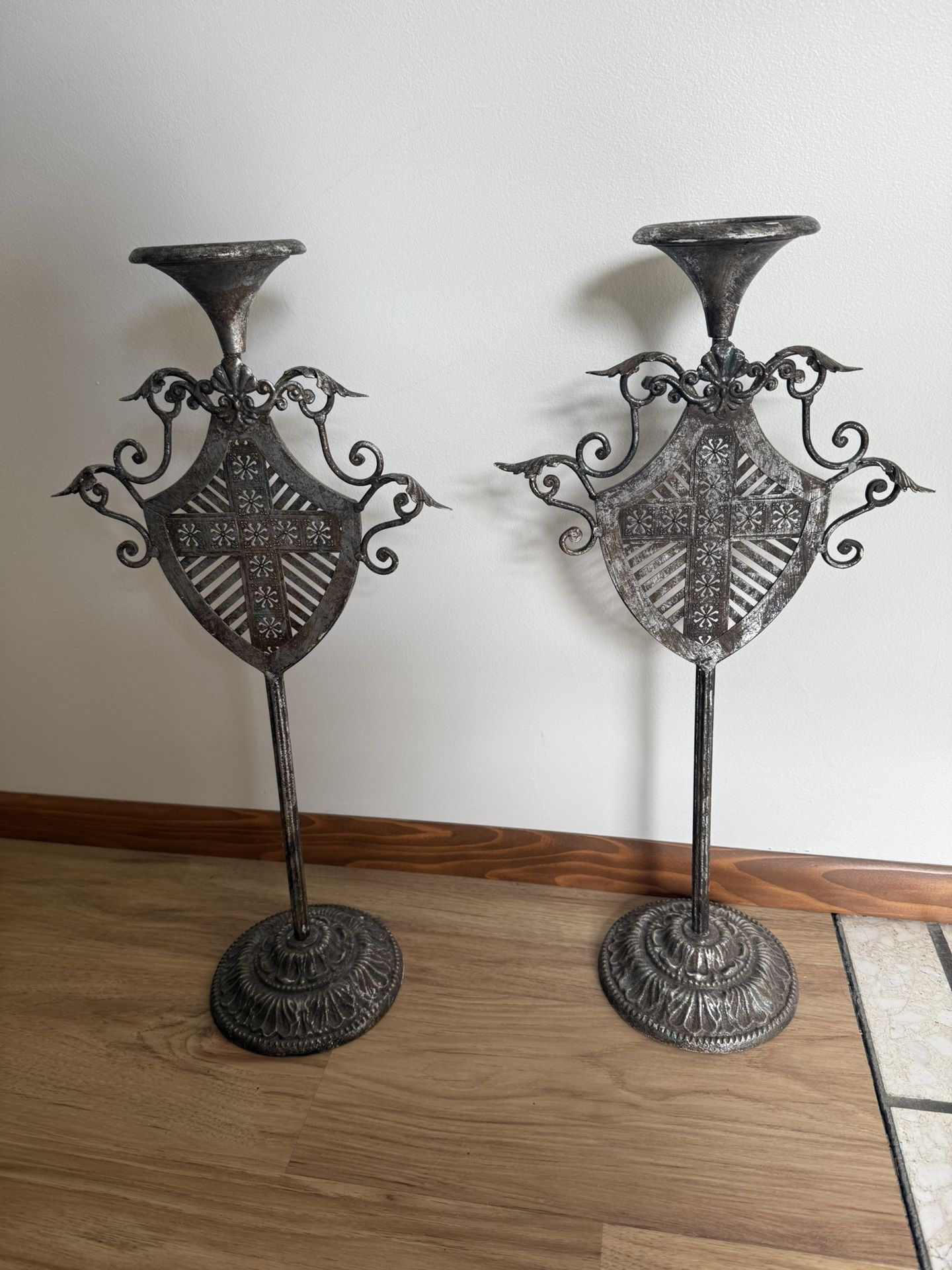 Pair of Ornate Gothic Iron Candle Holders – Distressed Silver Finish