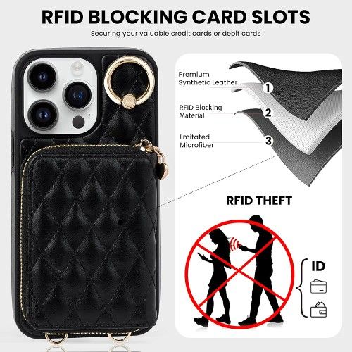 Keallce for iPhone 16 Pro Max 6.9'' Wallet Case,  for Women,  Card Holders, 360° Ring Kickstand Flip Leather Case for iPhone 16 Pro Max, Black
