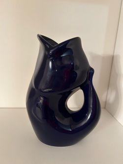 GurglePot Cobalt Blue Fish Pitcher Vase 6” Ceramic Water Pitcher