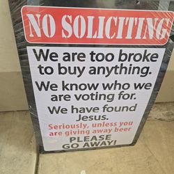 Vintage Tin Metal  'No Soliciting' Door Sign