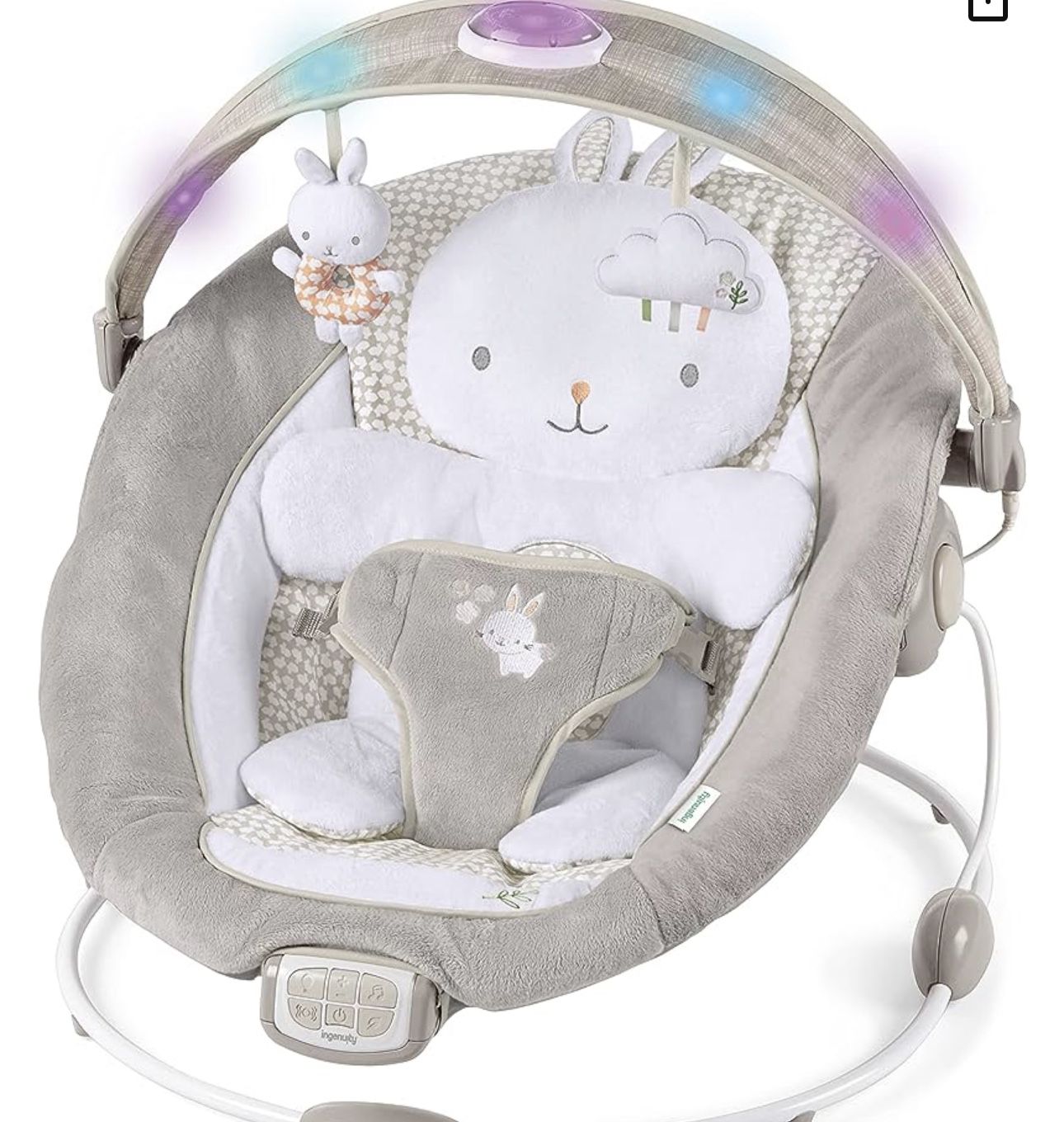 InLighten by Ingenuity Twinkle Tails Vibrating Infant Baby Bouncer with Lightning Toy Bar and Pillow