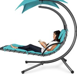 Outdoor Hanging Curved Steel Chaise Lounge Chair Swing w/Built-in Pillow and Removable Canopy, Teal color. Brand new item, available only for pickup 