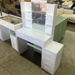 Vanity Desk with Mirror, Makeup Vanity with 6 Drawers, Vanity Set with Light And Mirror, for Women Girls, White