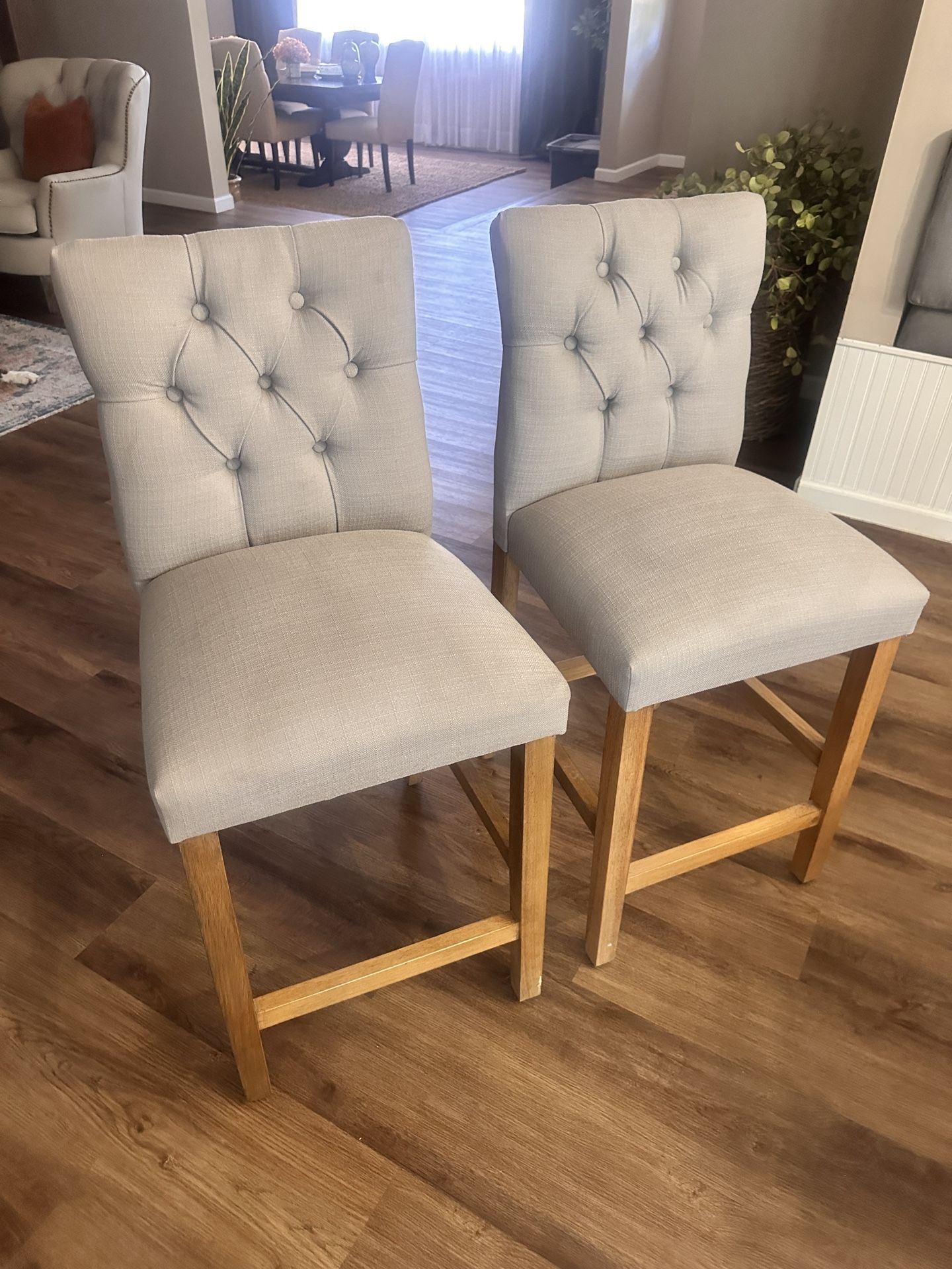 Set of Cushioned Bar Stools in Light Grey Fabric with Wooden Legs
