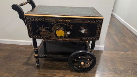 Vintage Chinoiserie Lacquer Drop-Leaf Tea Cart / Accent Table