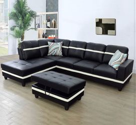 Black leather modern style sectional couch and ottoman