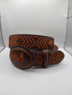 Size 32 Brown Leather Belt with Rooster Embroidery