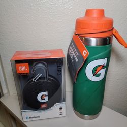 Gatorade stainless steel water bottle and Harman clip 3 Gatorade speaker