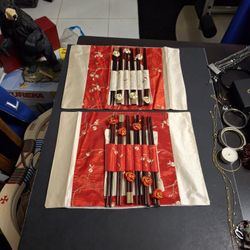 Vintage Oriental Design Dinner Sets 2 Silk Placemats W/12 Set Of Chopsticks In A Cloth Holder W/Decorative Chopstick Rings