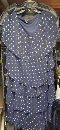 SLNY Navy Blue Tiered Dress with Gold Print