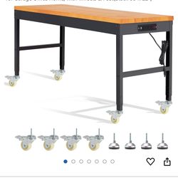 AHB 60" Rolling Workbench Adjustable Height, Oak Wood Work Table