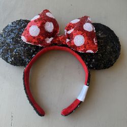 Disney Minnie Mouse Ear Headband Red Dot Bow Sequin - Great Condition