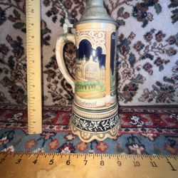 Vtg German Lidded Beer Stein w/ Thorens Swiss Music Box Base Pewter Lid