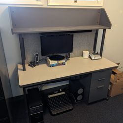 Desk, shelf, and file cabinet