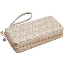 Womens Fashion Double Zip Around Wallet Jean Denim Long Purse Credit Card Holder Bifold Ladies Cluth Wristlet Wrist Strap