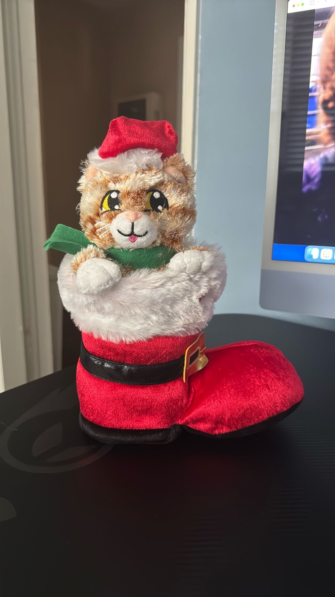 Gemmy Christmas Cat Plush In Santa Boot Sings Here Comes Santa Claus