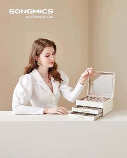 Jewelry Box with Glass Lid, 3-Layer Jewelry Storage Organizer with 2 Drawers