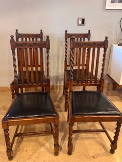 Set of 4 Barley Twist Dining Chairs | English Jacobean Style Oak Chairs | Carved Wood Chairs | Tudor Style. Antique 1800s.