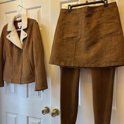 Suede 3 Piece Ladies Outfit Pants Skirt Coat