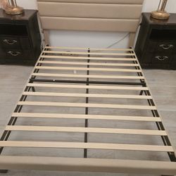 Queen Platform Beige Upholstered Bed Frame Headboard 