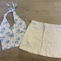 White & Blue Floral Halter Top & White Floral Mini Skirt