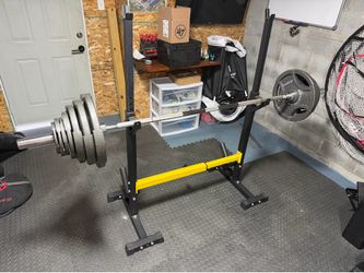 300 lbs., Olympic bar, v bar, tib bar, plus rack