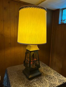 Vintage Brass-Tone Lantern Table Lamp with Original Shade