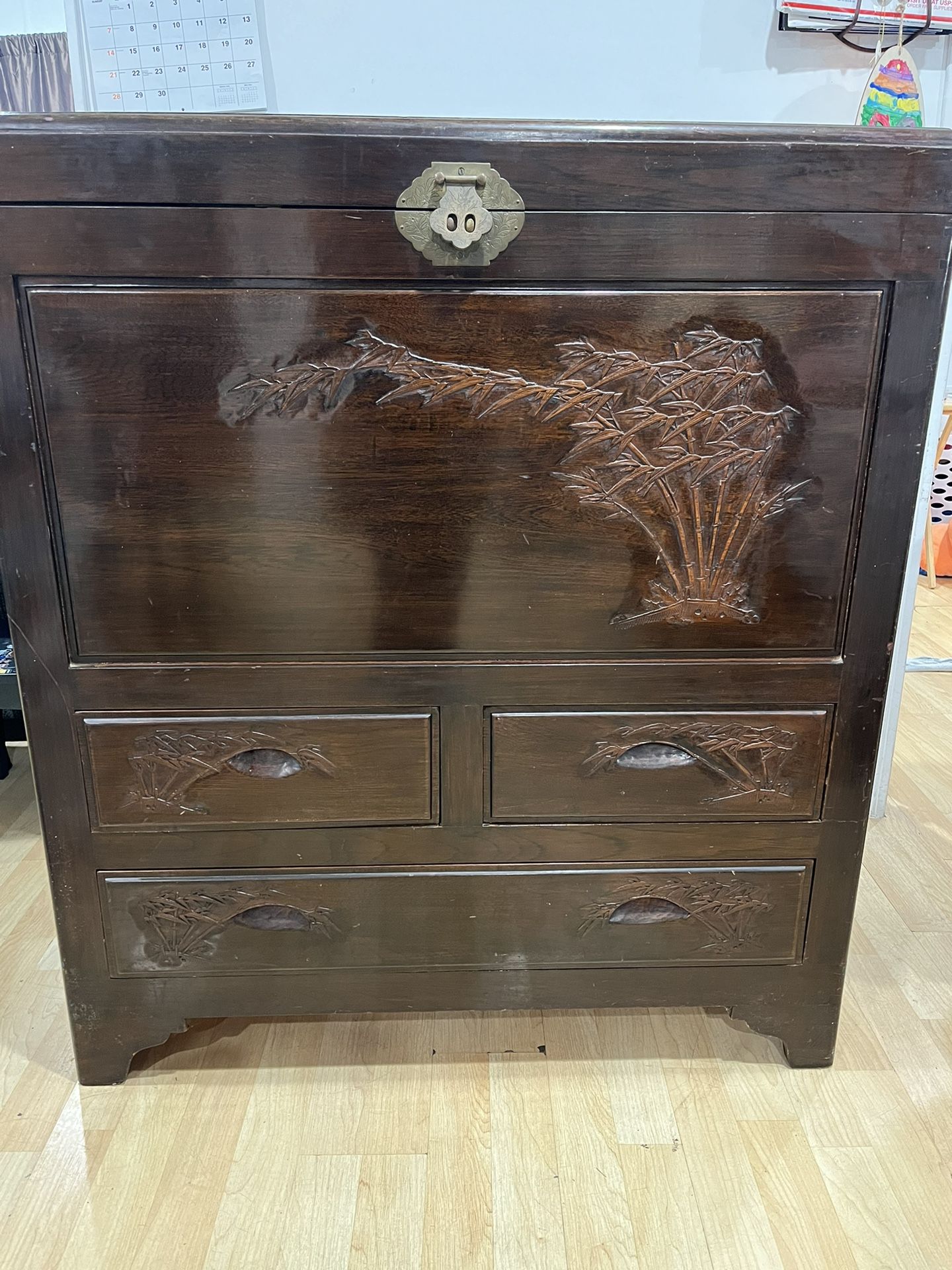 Beautiful Carved Wooden Storage Chest W/ 3 Drawers