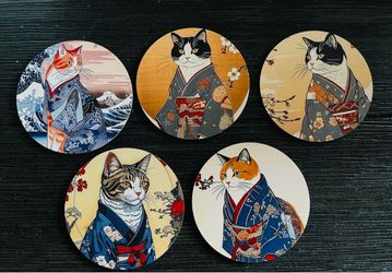 Samurai Cat Wooden Drink Coaster set of 5