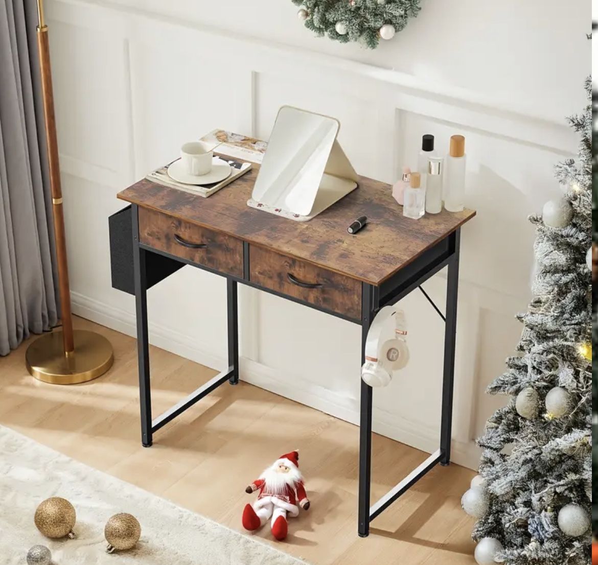 32-Inch/48-Inch Office Desk with 2 Fabric Drawers - Space-Saving Compact Bedroom Vanity Table with Ample Storage Space and Organization Functionality 