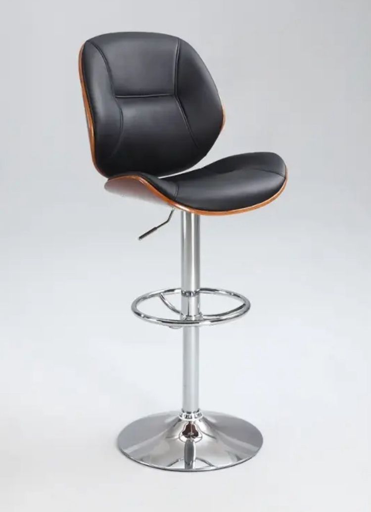 Two black leather and wood bar stools, great condition