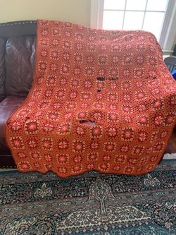 Vintage 1970s Crochet Granny Square Blanket Afghan Retro Orange/Rust 84x56 AS IS