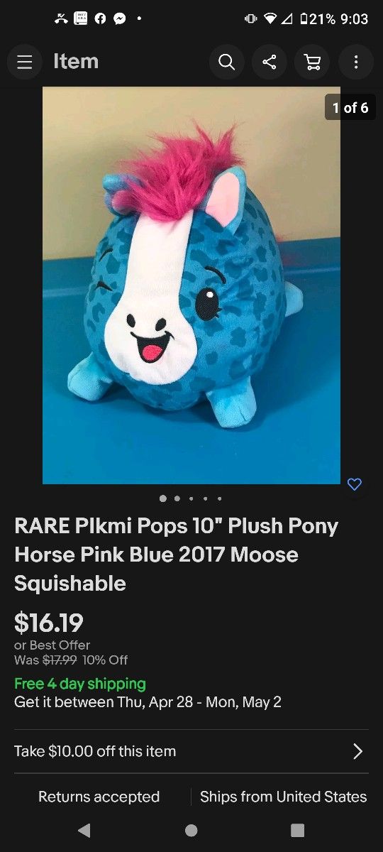 RARE PIkmi Pops 10" Plush Pony Horse Pink Blue 2017 Moose