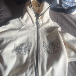 cream angel rhinestone zip up