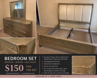 Champagne Silver Bedroom Set – Bed, Dresser & Mirror – $200