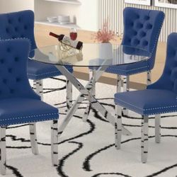 Blue 4 Velvet Upholstered Chairs With Silver Legs NEW 
