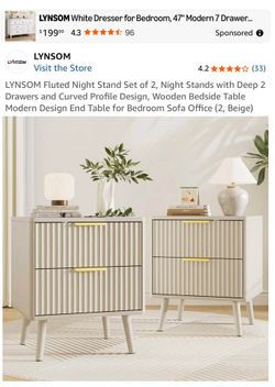 NEW Set of 2 Beige Fluted Modern Nightstands – Open Box