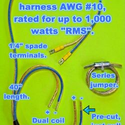 Heavy-duty dual coil subwoofer wiring harness.