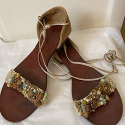 UNISA Beaded Leather Sole Ankle Wrap Sandals