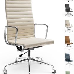 High Back Genuine Leather Ribbed Office Chair-Ergonomic Desk Chair with Aluminum Alloy Armrest & Frame, Swivel Silent Wheels & Tilt Function, Adjustab