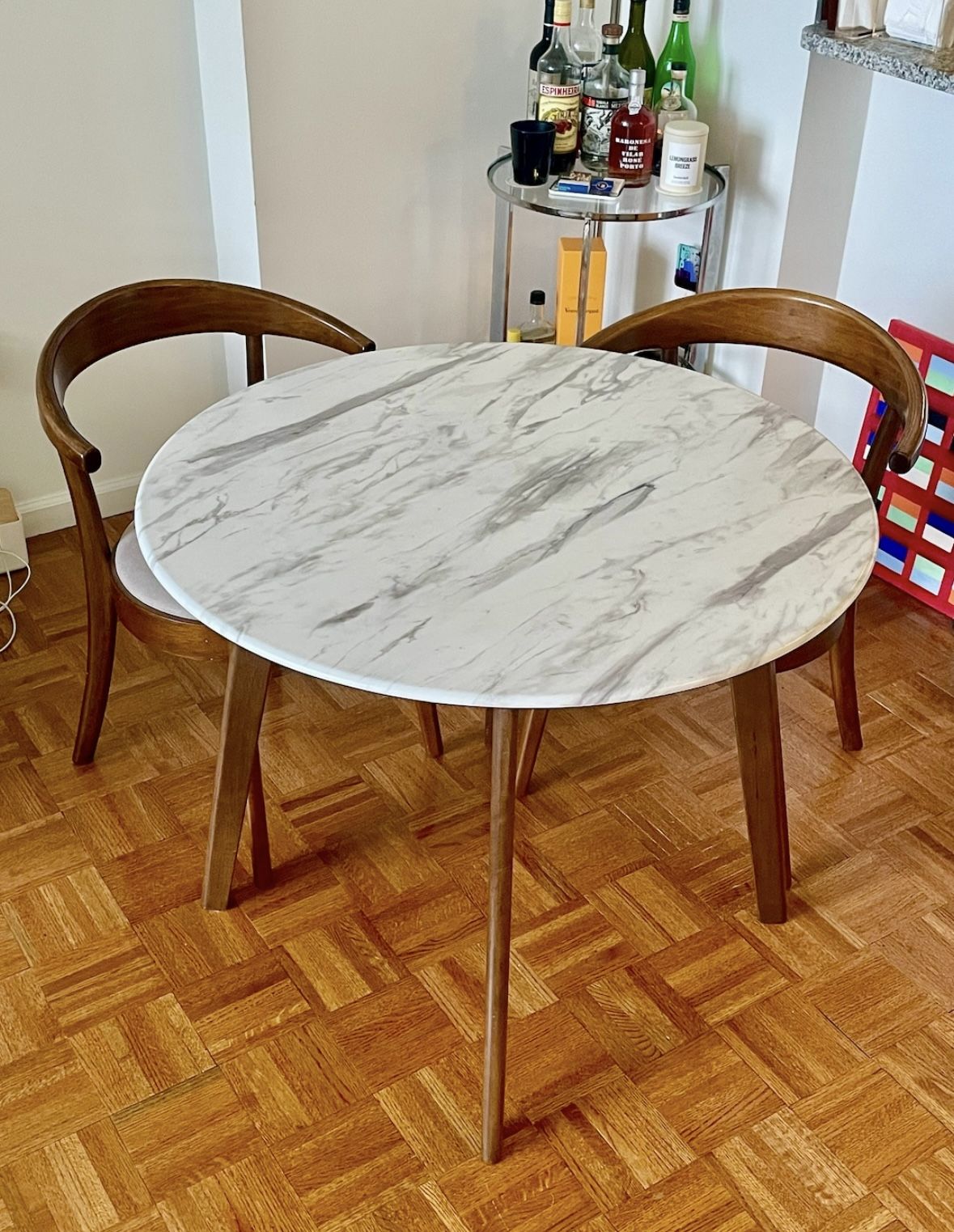 Solid Wood Base Marble Finish Round Dining Table 36”