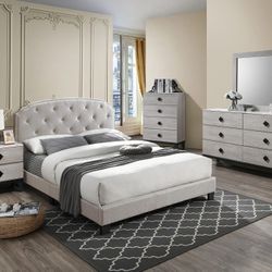 4-PIECE QUEEN SIZE BEDROOM SET BED FRAME DRESSER MIRROR NIGHTSTAND