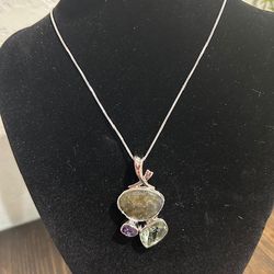 New, Firm, Sterling Silver, Labradorite, Green Amethyst and Purple Amethyst Pendant with an enhancer bail and an 18-inch Chain