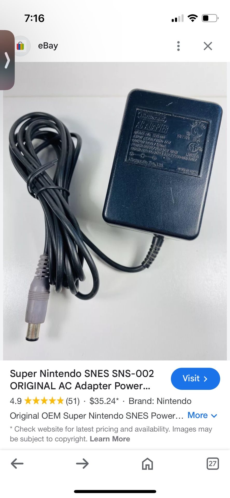 Super Nintendo Power Cord Adapter