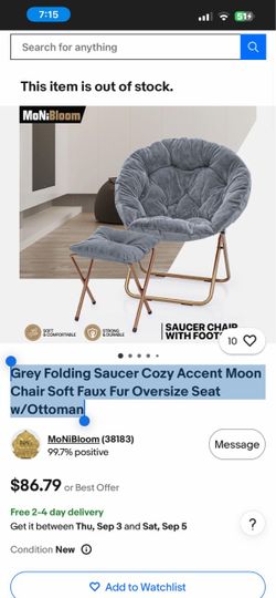 Grey Folding Saucer Cozy Accent Moon Chair Soft Faux Fur Oversize Seat w/Ottoman   211 $55