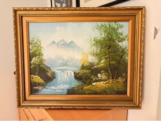 Framed Landscape Painting with Waterfall & Mountains – 15.5" x 19.5"