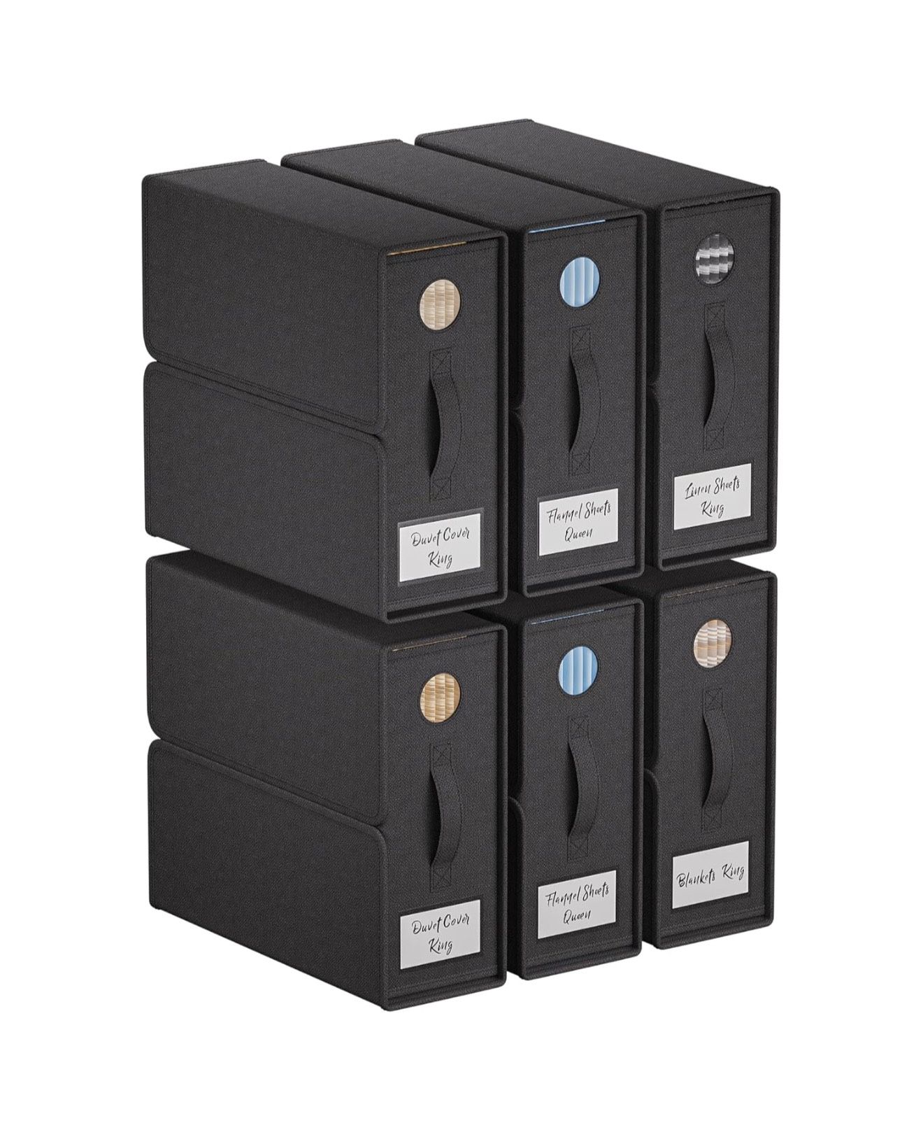 Black 6-Pack Bed Sheet Organizers and Storage, Foldable Linen Bins with Window and Labels