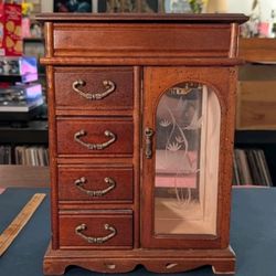 Vintage 1970s Brown Tall Wood Jewelry Armoire Wardrobe Cabinet 6 Compartments 