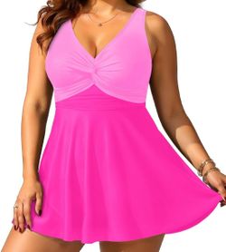 Plus Size Swim Dress for Women - One Piece Swimsuit Tummy Control Bathing Suit Twist Front Curvy Swimwear